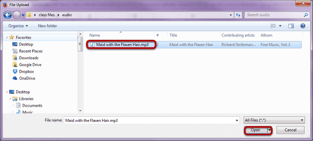 Select the mp3 audio file you want to embed in the text box.