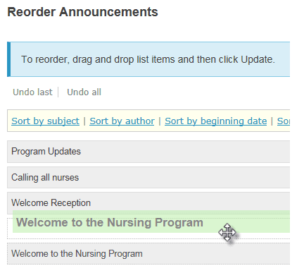 Drag and drop to re-order announcements.